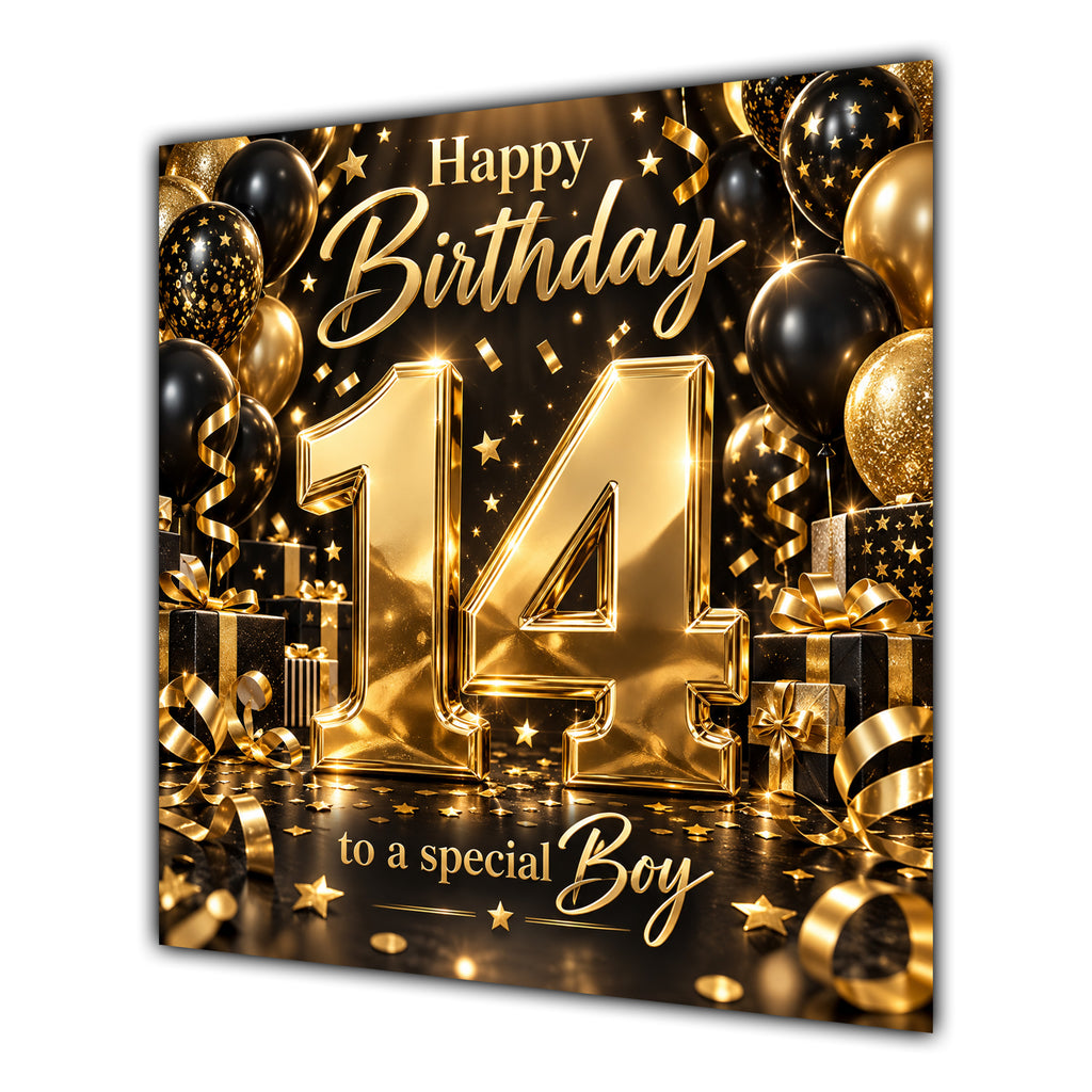 Boy 14th Birthday Card Gold Black Balloons Stars