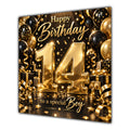 Boy 14th Birthday Card Gold Black Balloons Stars