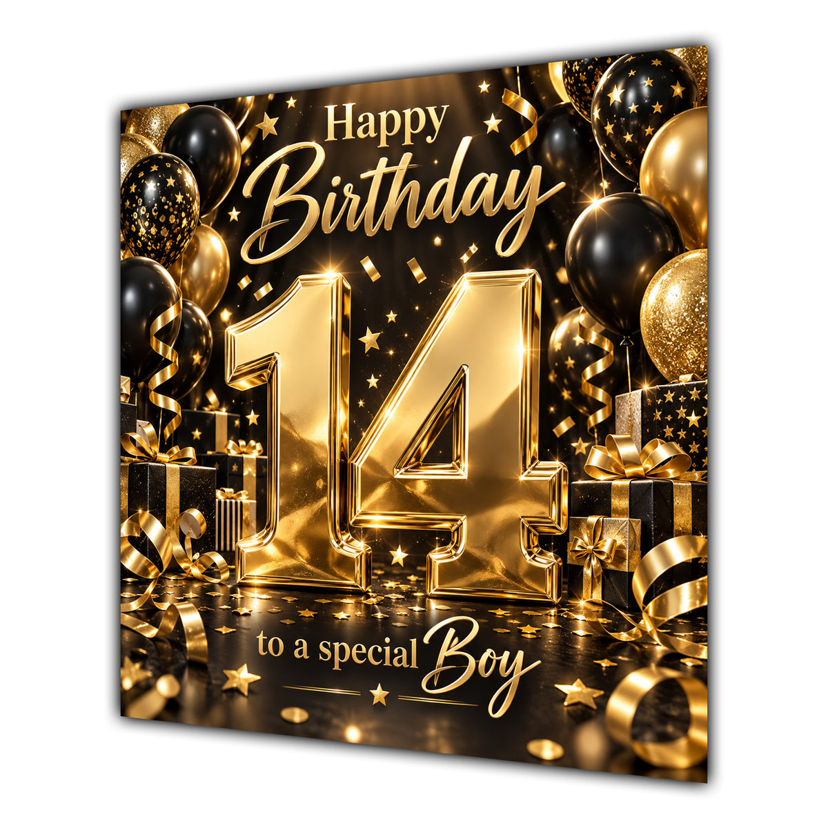 Boy 14th Birthday Card Gold Black Balloons Stars