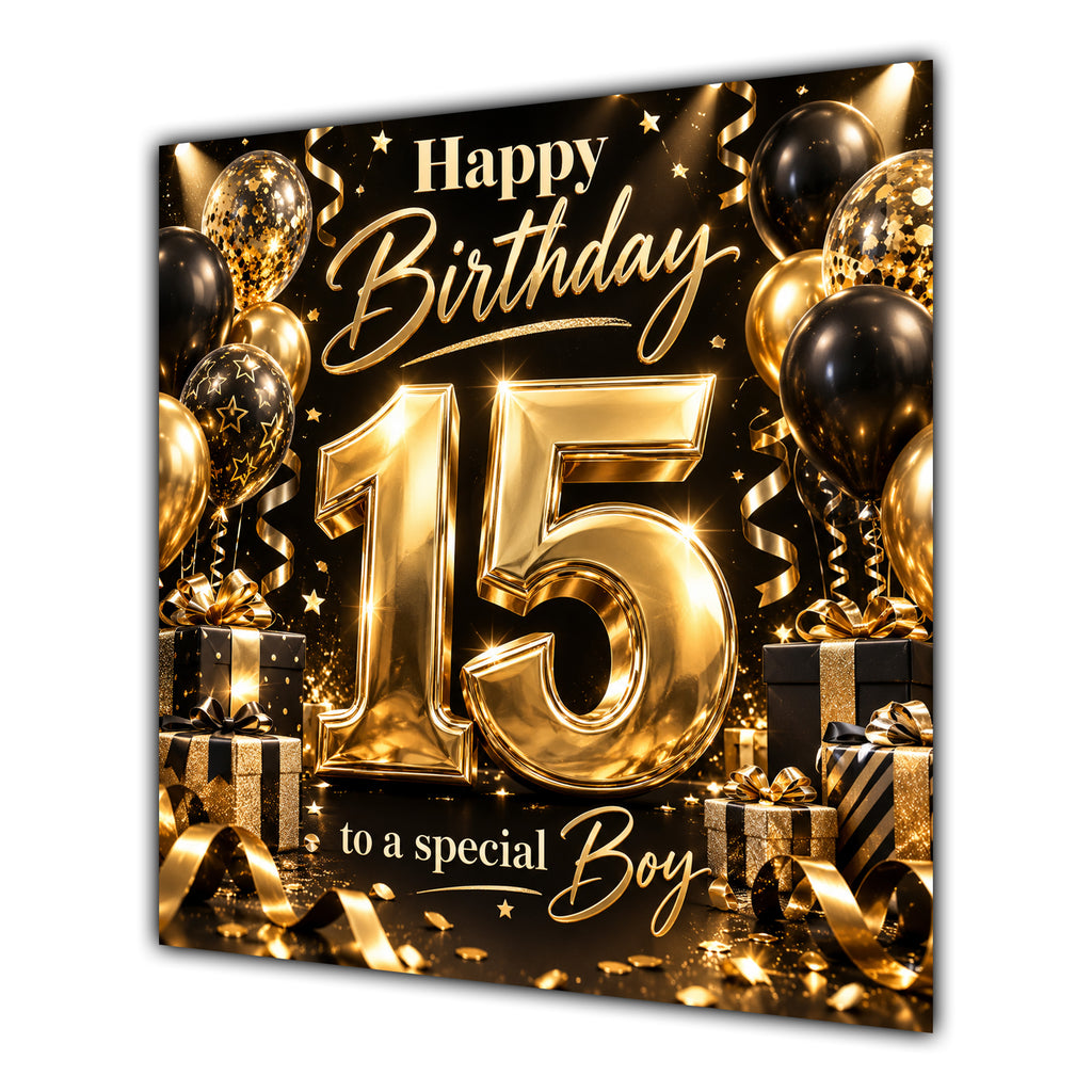 Boy 15th Birthday Card Gold Black Balloons Stars