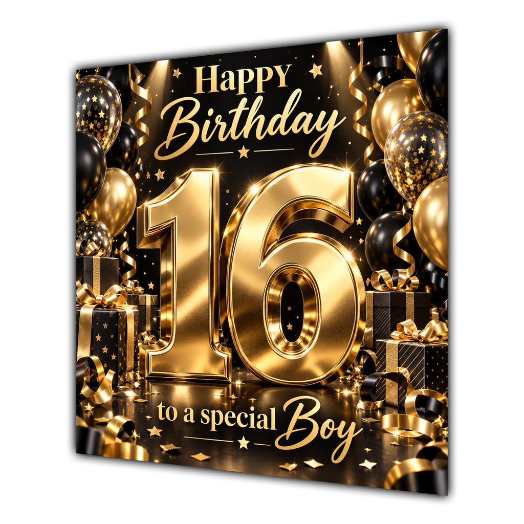 Boy 16th Birthday Card Gold Black Balloons Stars