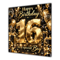 Boy 16th Birthday Card Gold Black Balloons Stars