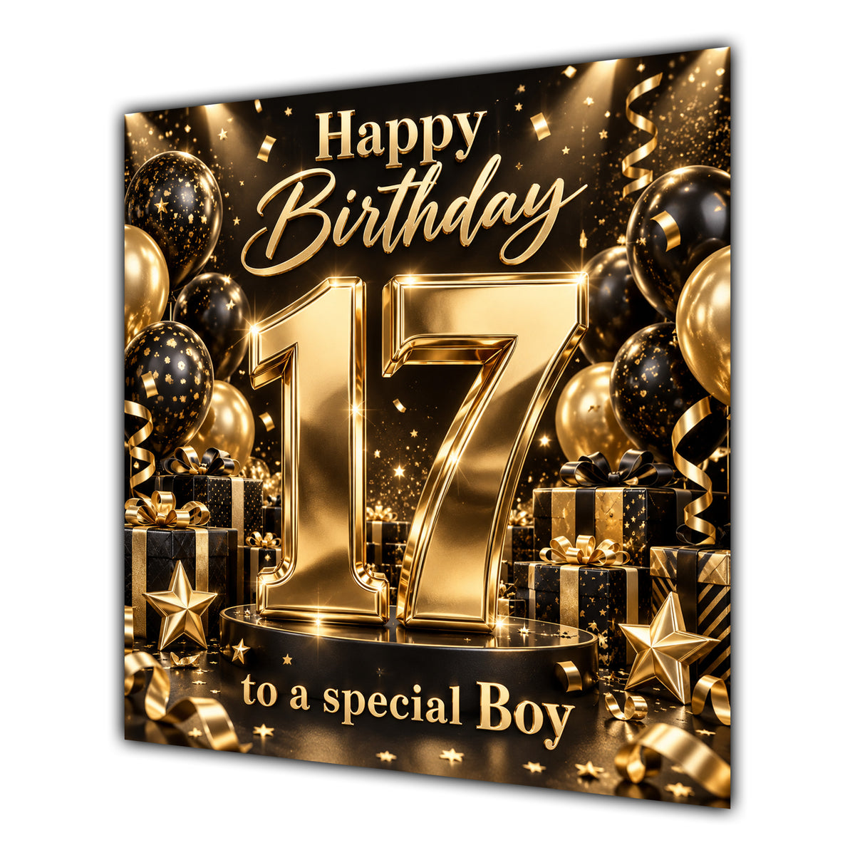 Boy 17th Birthday Card Gold Black Balloons Stars