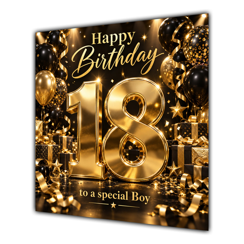 Boy 18th Birthday Card Gold Black Balloons Stars