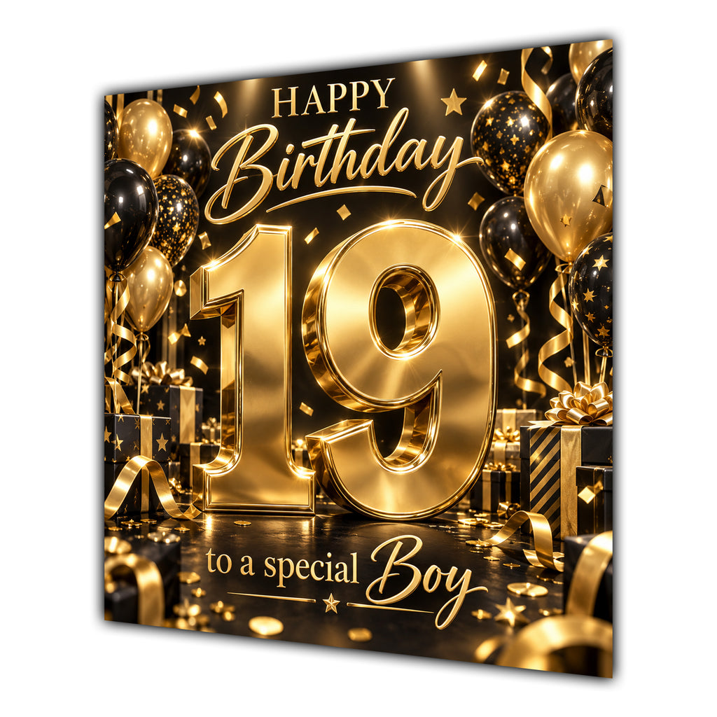 Boy 19th Birthday Card Gold Black Balloons Stars