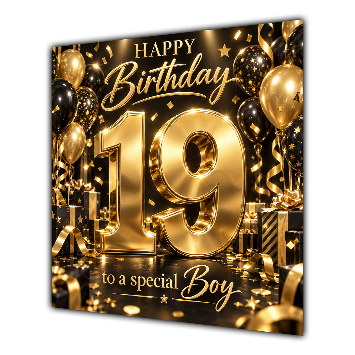 Boy 19th Birthday Card Gold Black Balloons Stars