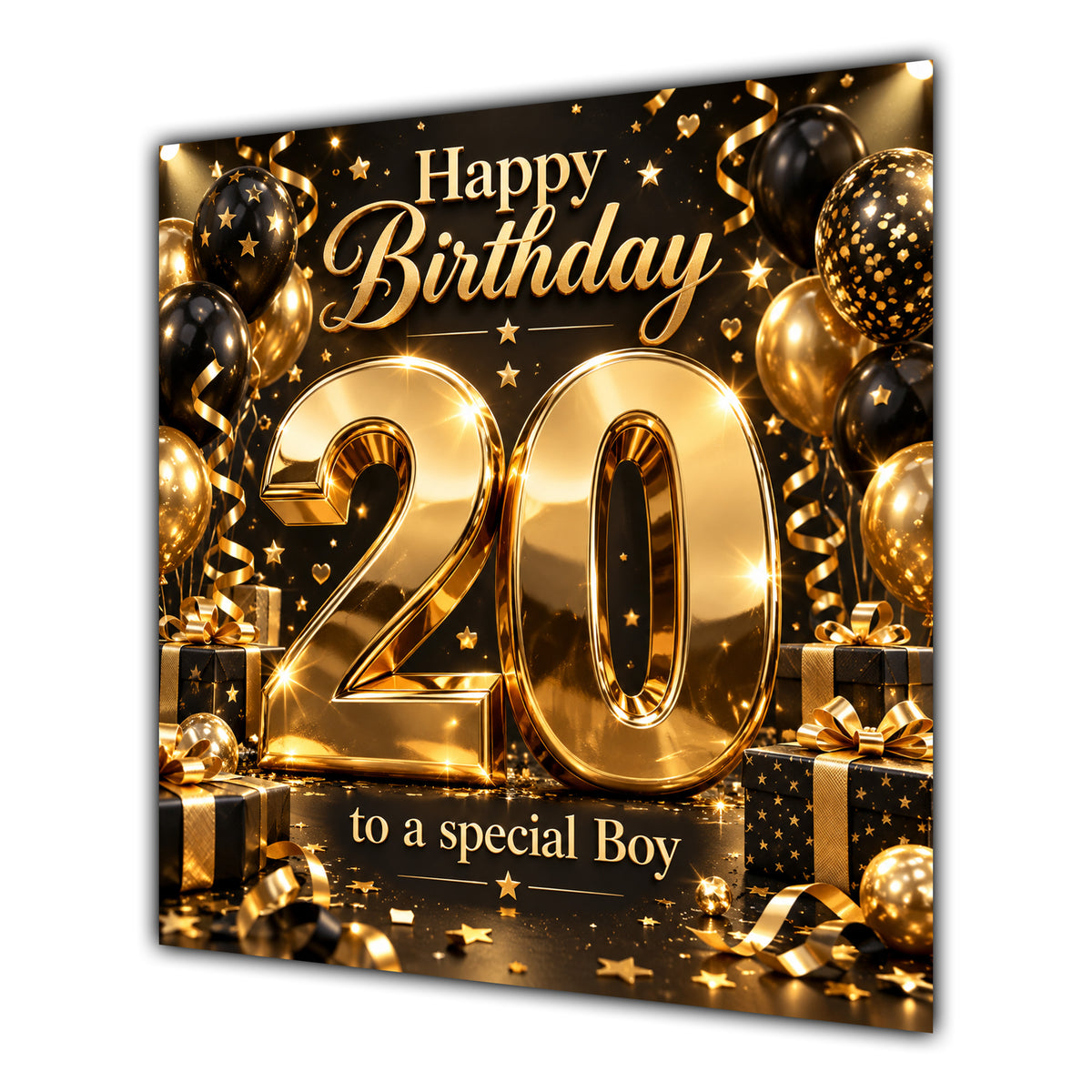 Boy 20th Birthday Card Gold Black Balloons Stars