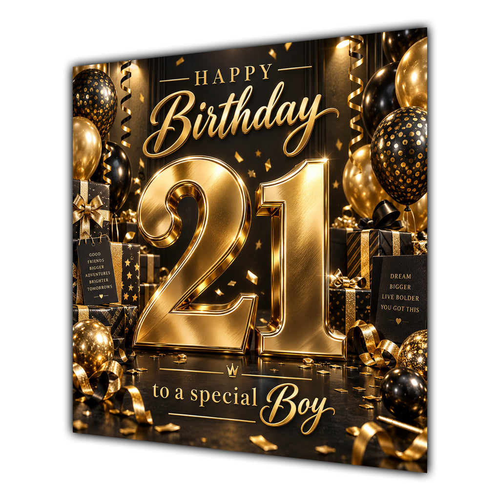 Boy 21st Birthday Card Gold Black Balloons Stars