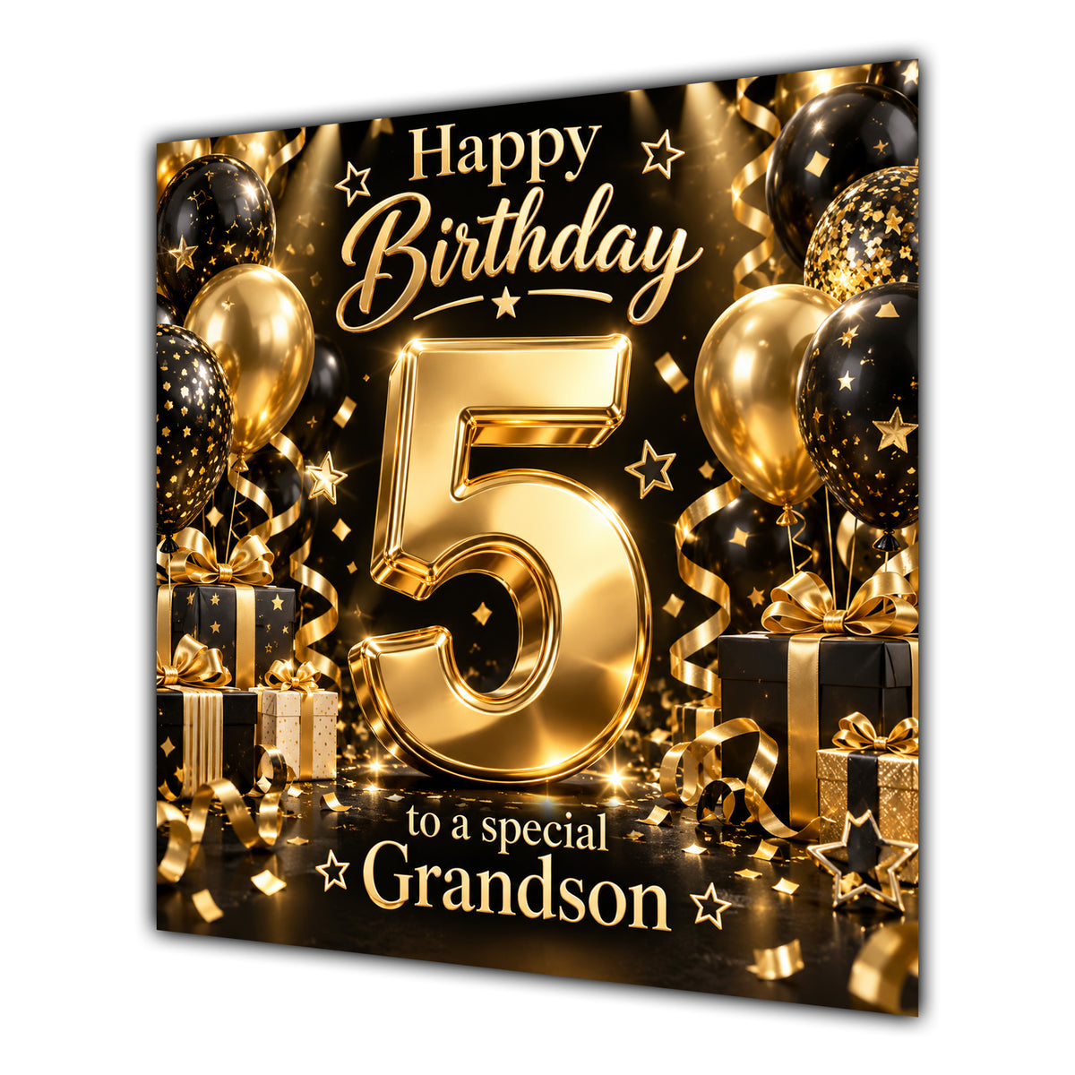 Grandson 5th Birthday Card Gold Black Balloons Stars