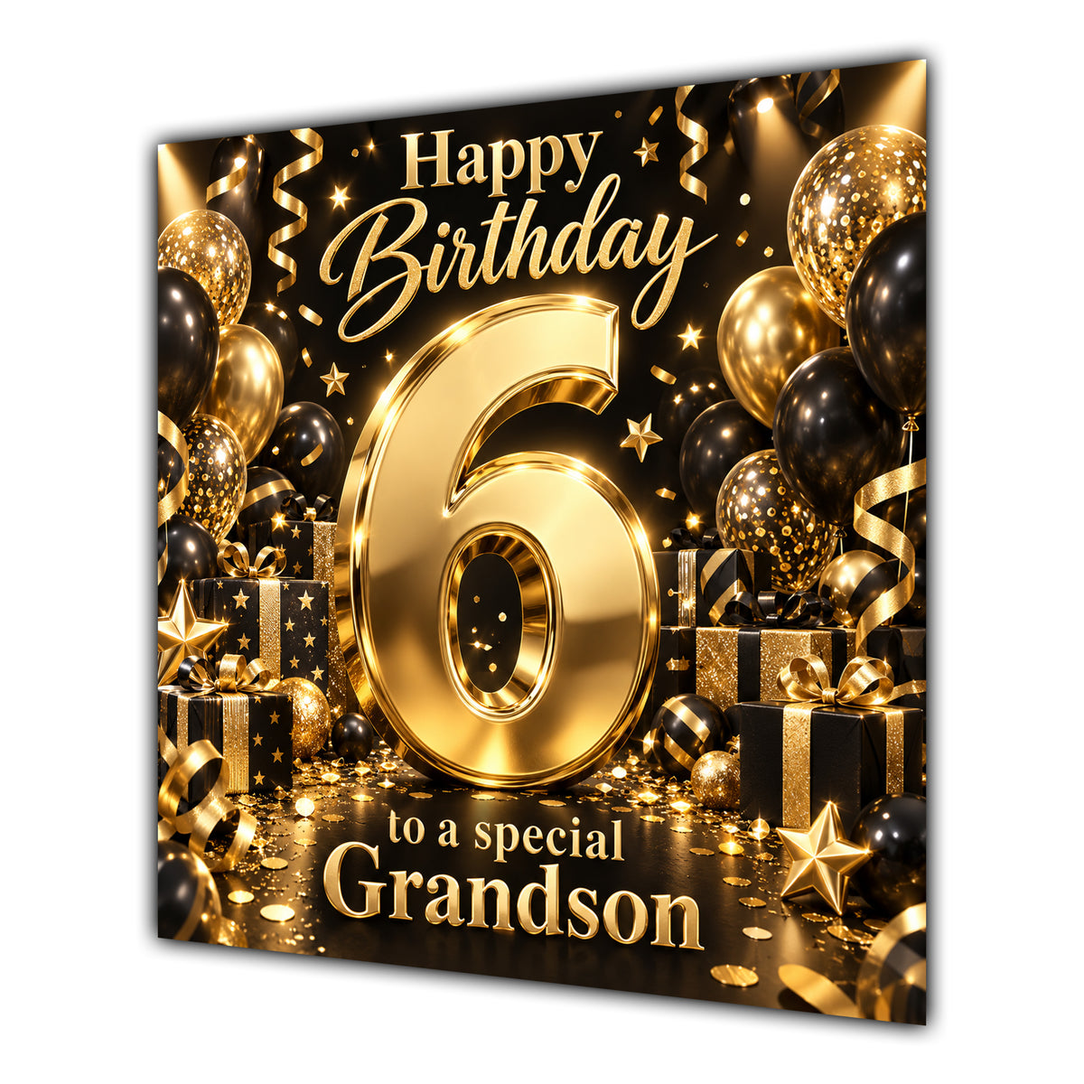 Grandson 6th Birthday Card Gold Black Balloons Stars