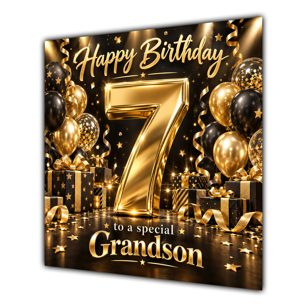 Grandson 7th Birthday Card Gold Black Balloons Stars