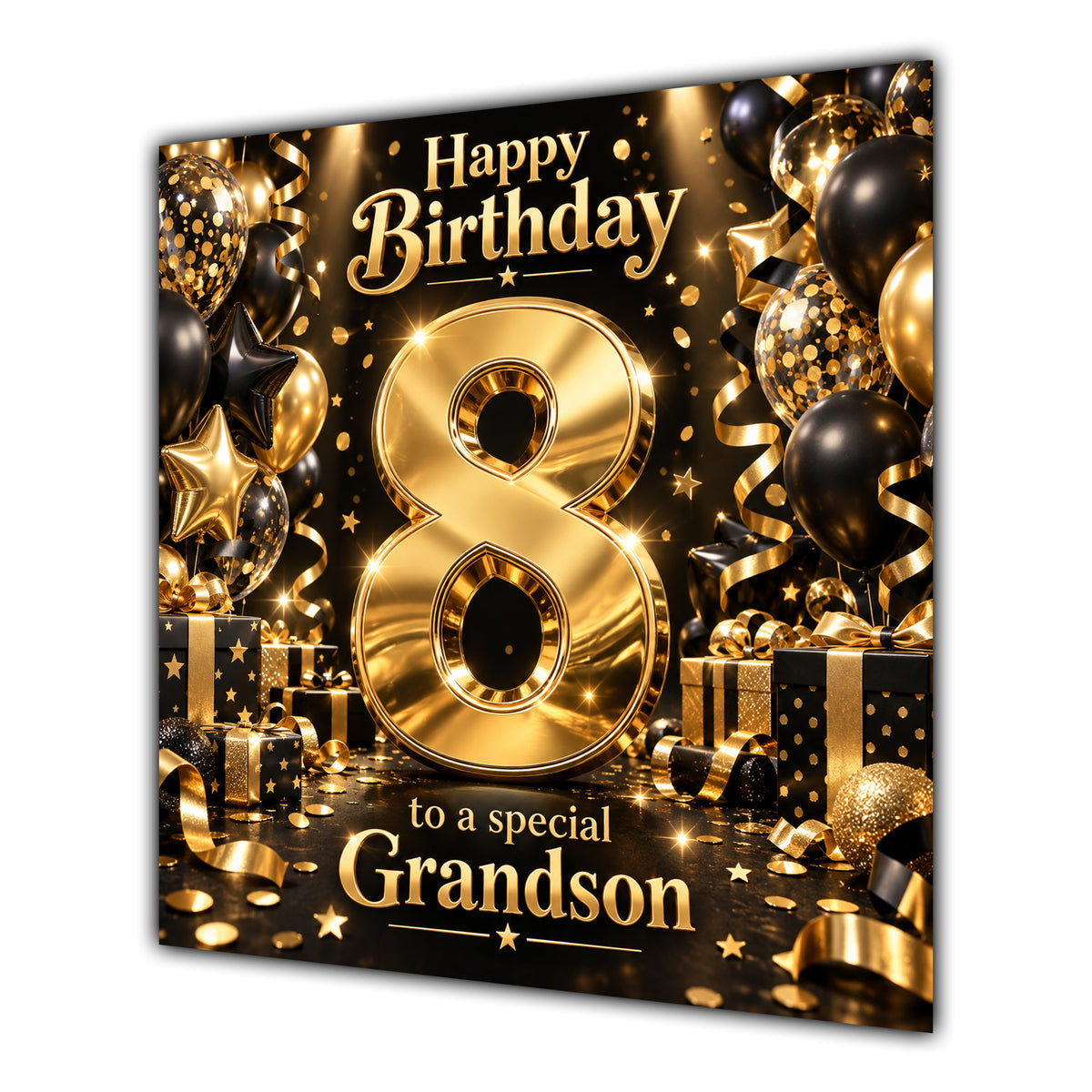 Grandson 8th Birthday Card Gold Black Balloons Stars