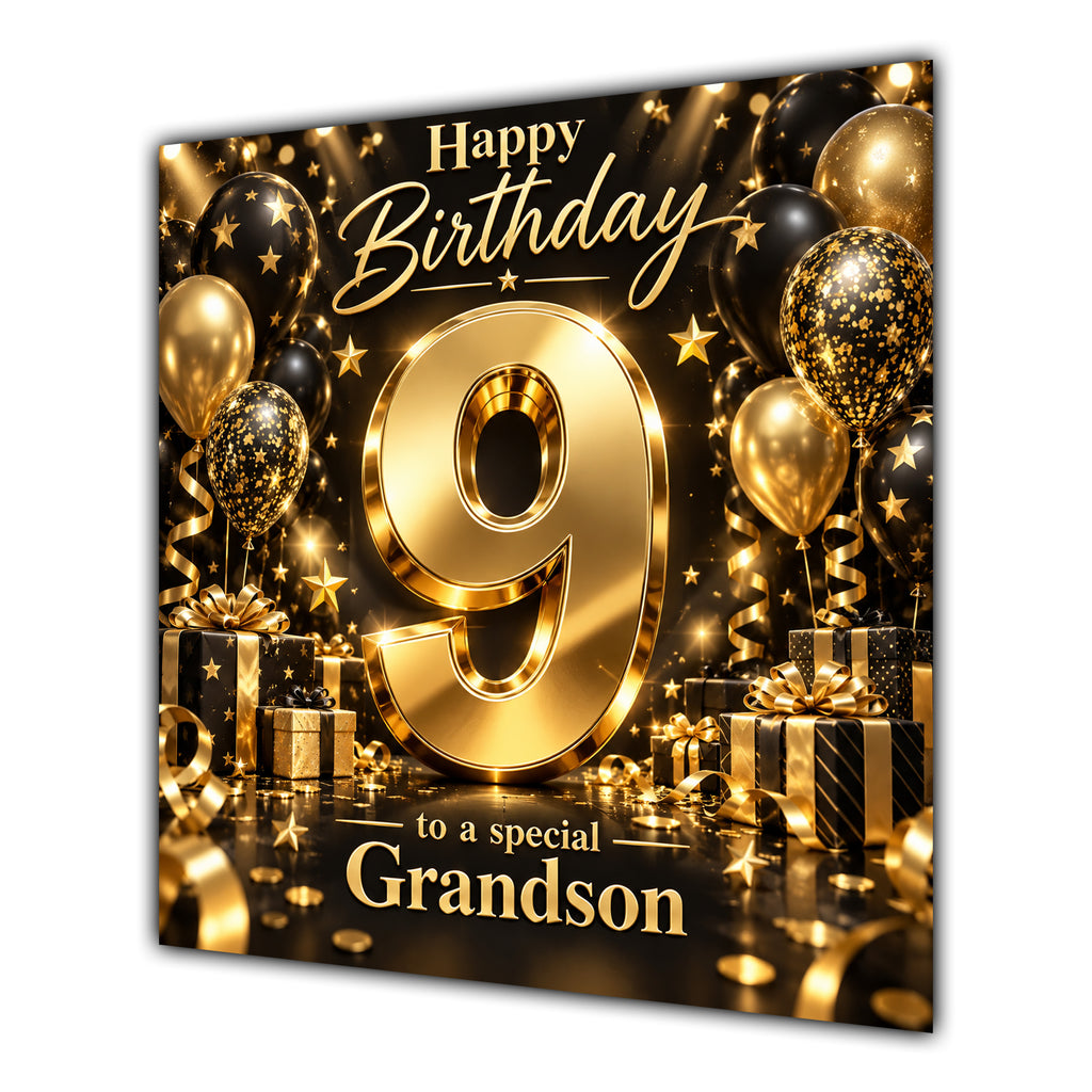 Grandson 9th Birthday Card Gold Black Balloons Stars