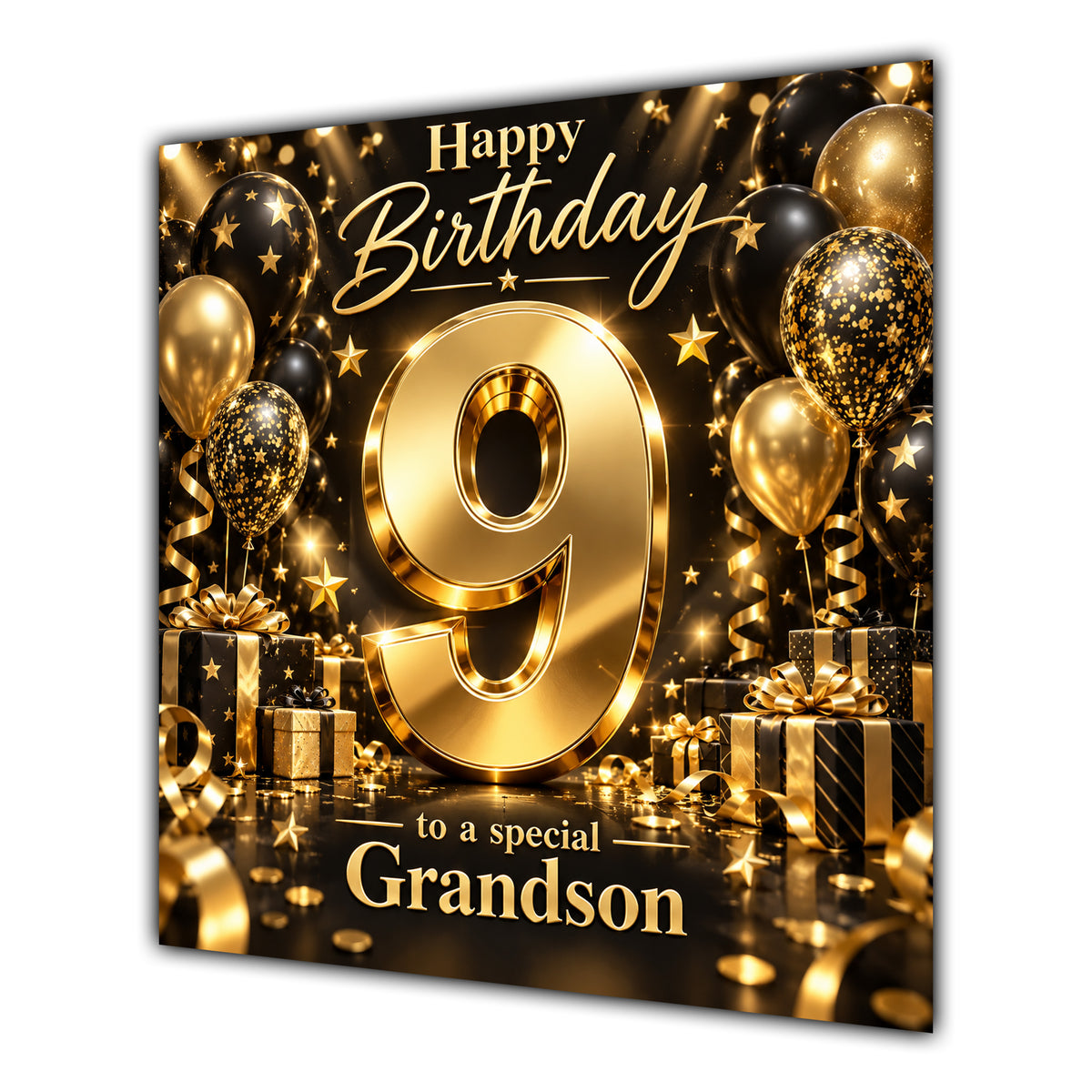 Grandson 9th Birthday Card Gold Black Balloons Stars