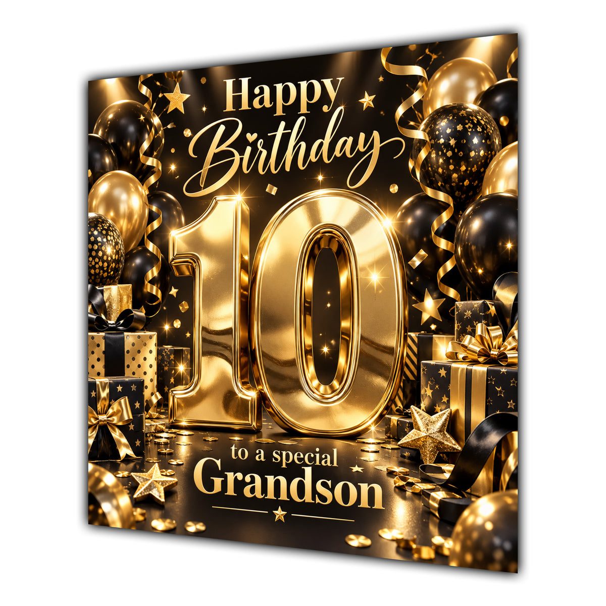 Grandson 10th Birthday Card Gold Black Balloons Stars