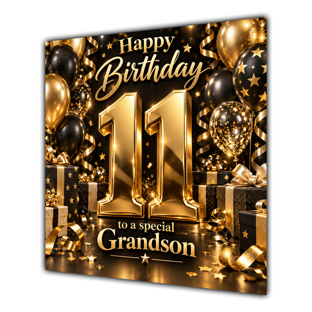Grandson 11th Birthday Card Gold Black Balloons Stars