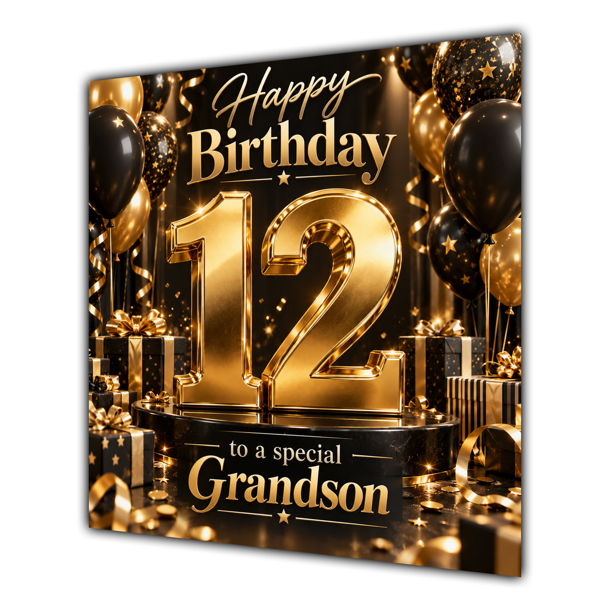 Grandson 12th Birthday Card Gold Black Balloons Stars