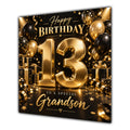 Grandson 13th Birthday Card Gold Black Balloons Stars
