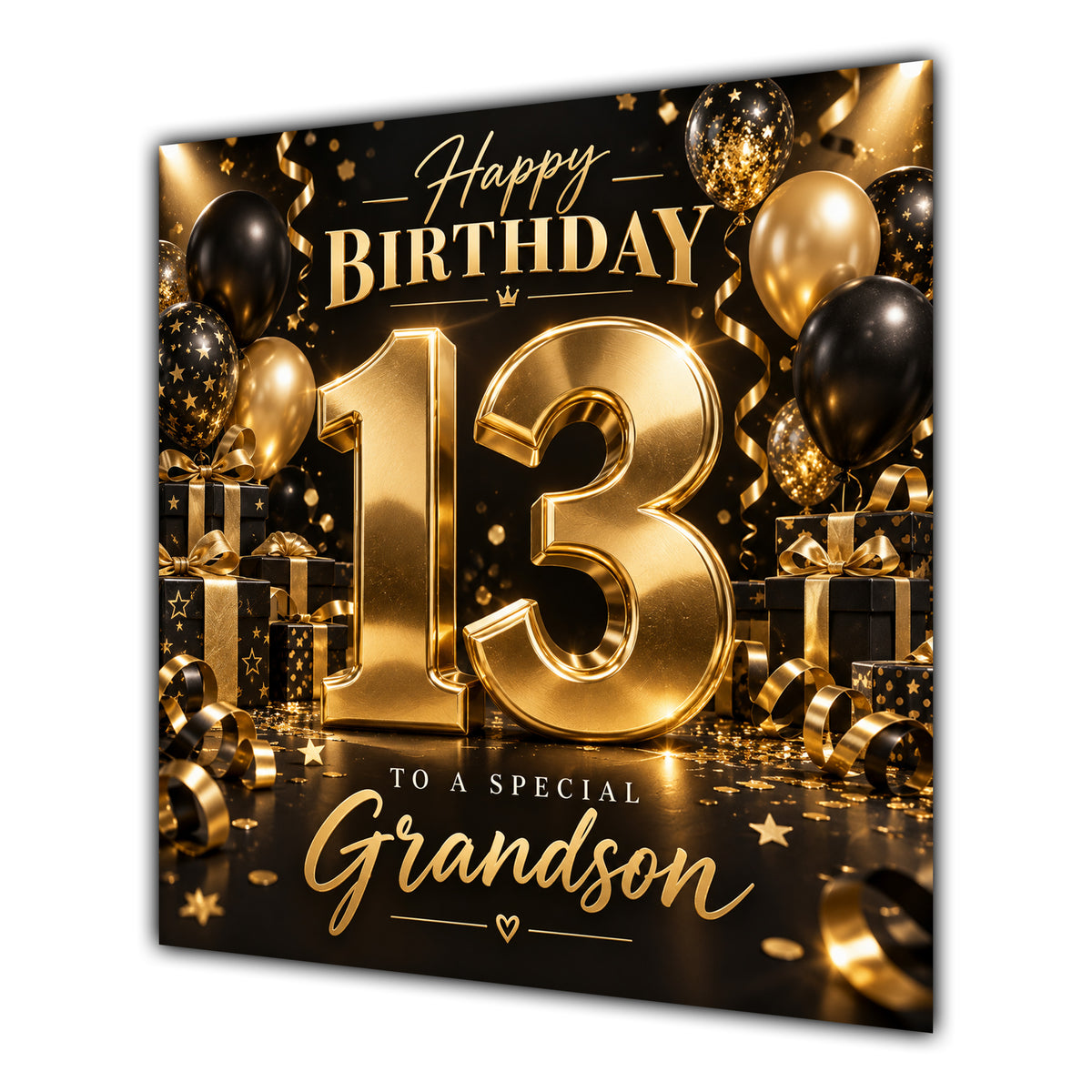 Grandson 13th Birthday Card Gold Black Balloons Stars