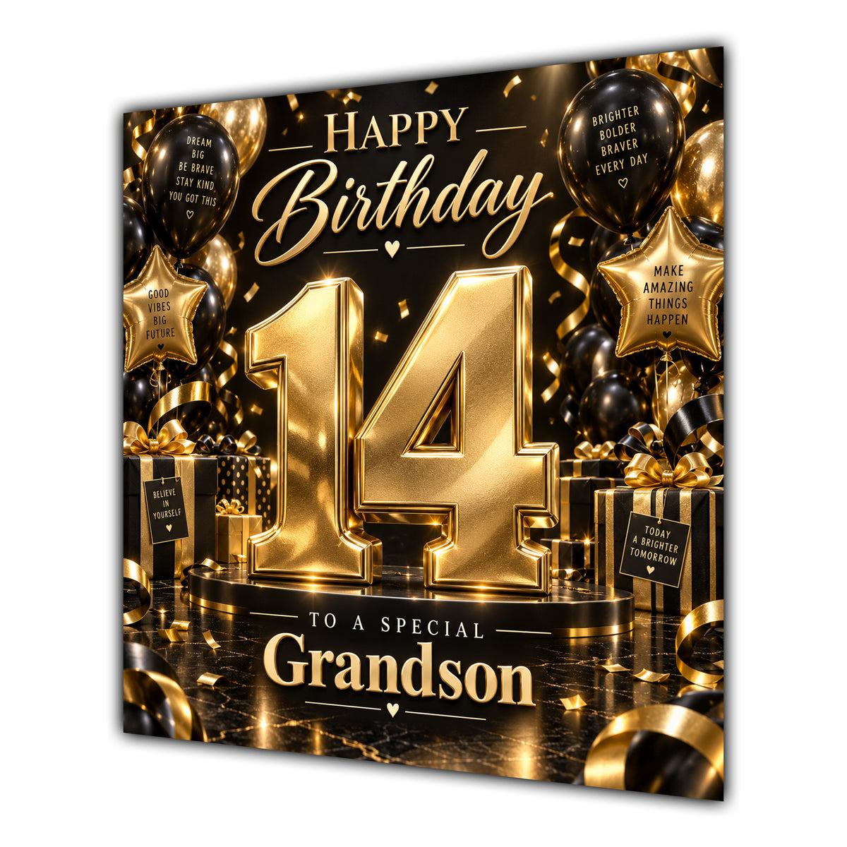 Grandson 14th Birthday Card Gold Black Balloons Stars