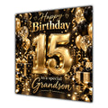 Grandson 15th Birthday Card Gold Black Balloons Stars