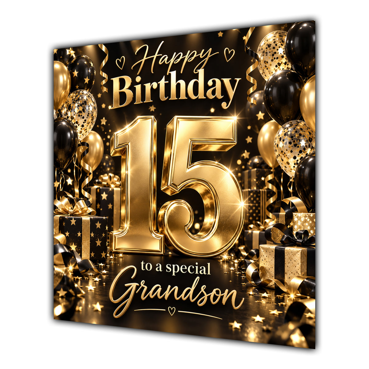Grandson 15th Birthday Card Gold Black Balloons Stars