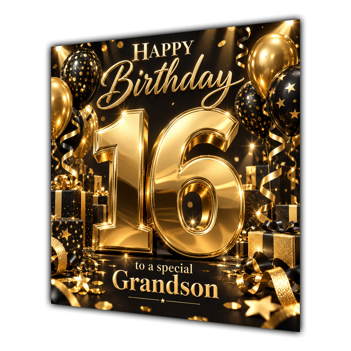 Grandson 16th Birthday Card Gold Black Balloons Stars
