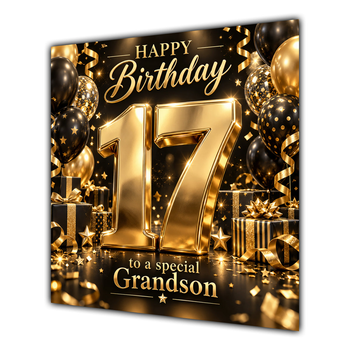 Grandson 17th Birthday Card Gold Black Balloons Stars