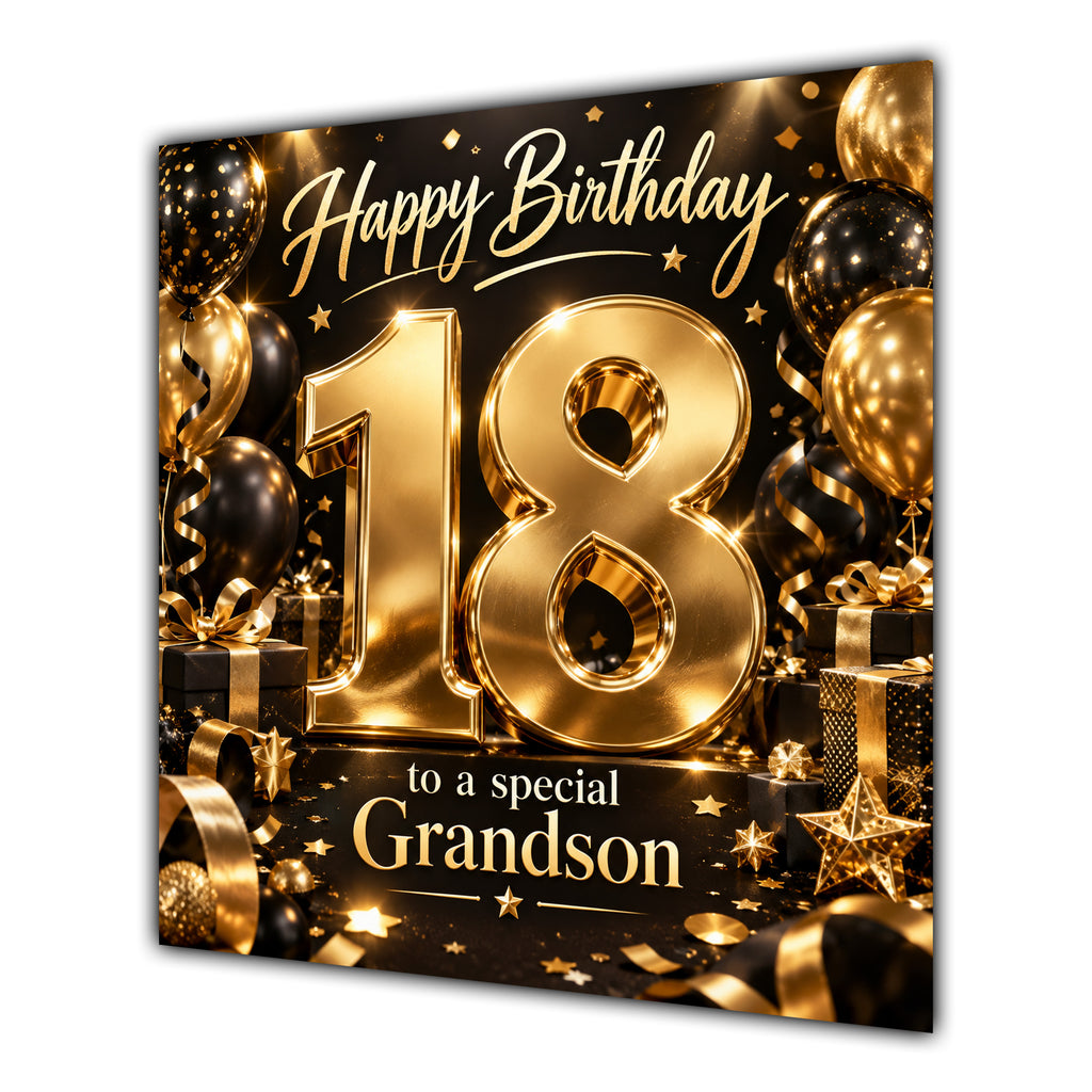 Grandson 18th Birthday Card Gold Black Balloons Stars