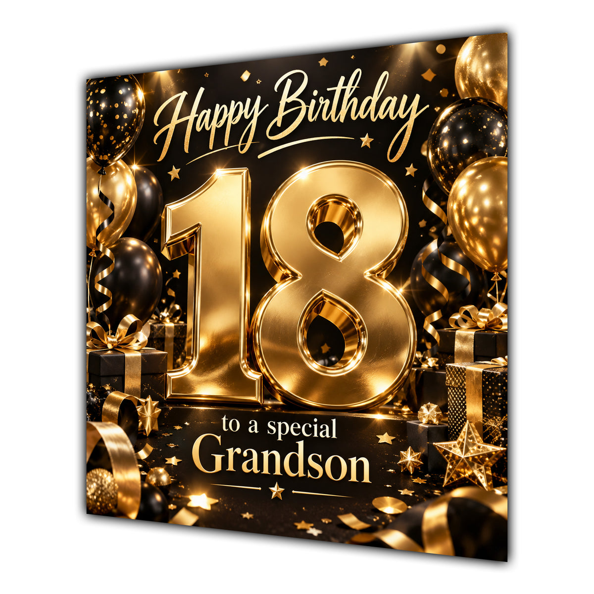 Grandson 18th Birthday Card Gold Black Balloons Stars