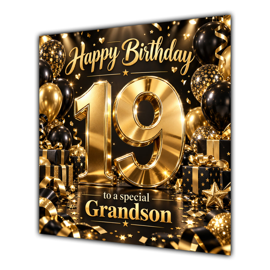 Grandson 19th Birthday Card Gold Black Balloons Stars