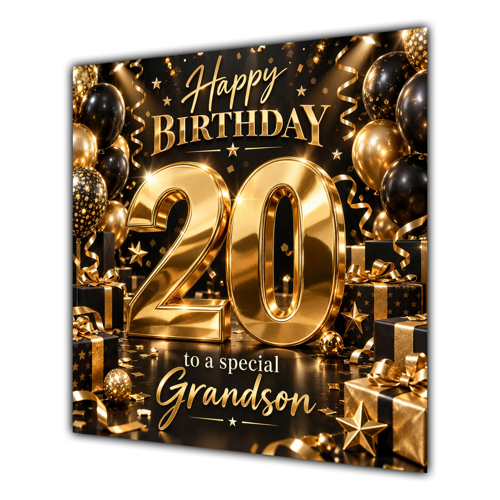 Grandson 20th Birthday Card Gold Black Balloons Stars