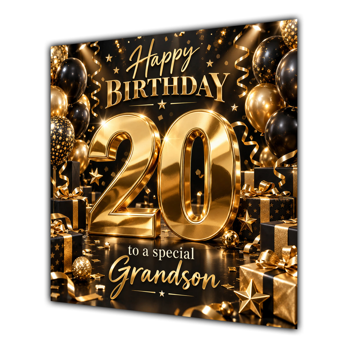 Grandson 20th Birthday Card Gold Black Balloons Stars