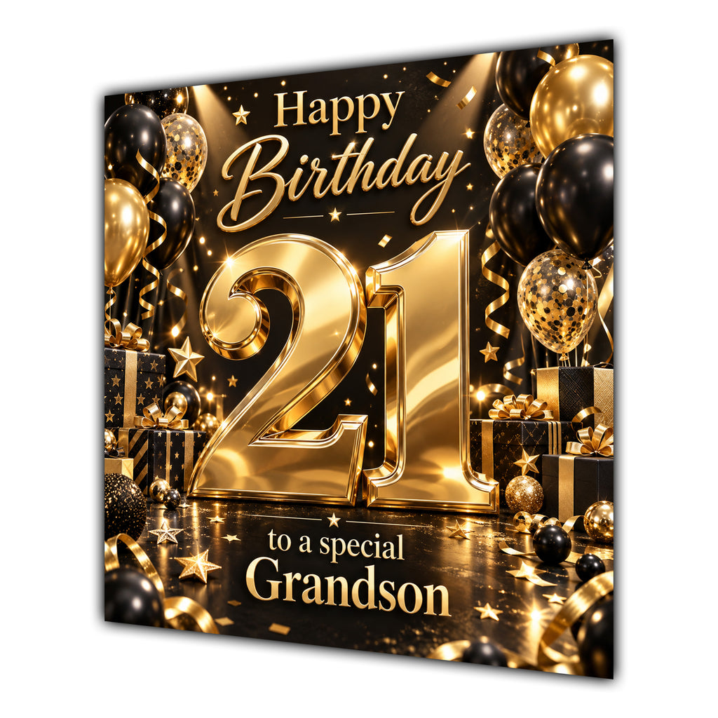 Grandson 21st Birthday Card Gold Black Balloons Stars