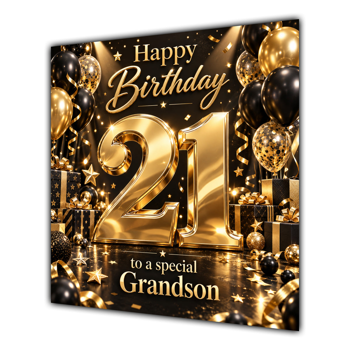 Grandson 21st Birthday Card Gold Black Balloons Stars