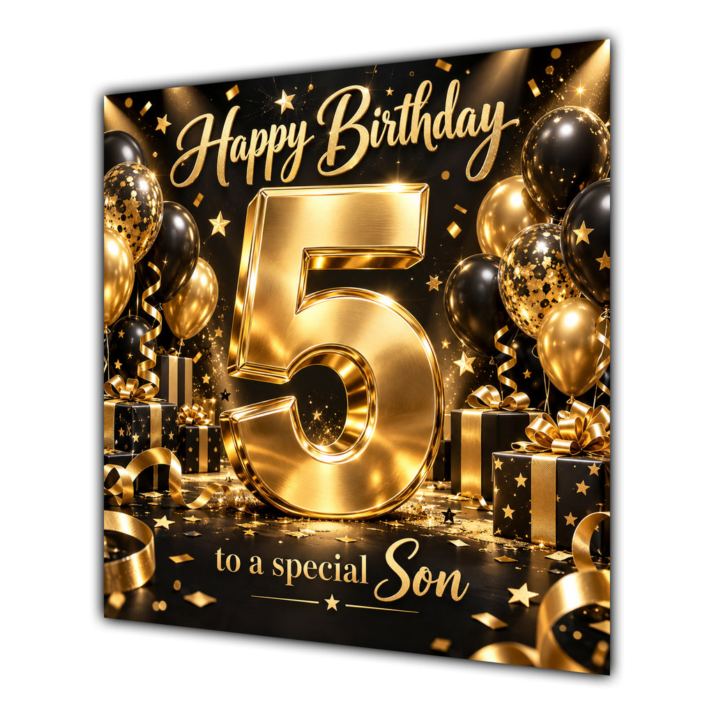 Son 5th Birthday Card Gold Black Balloons Stars