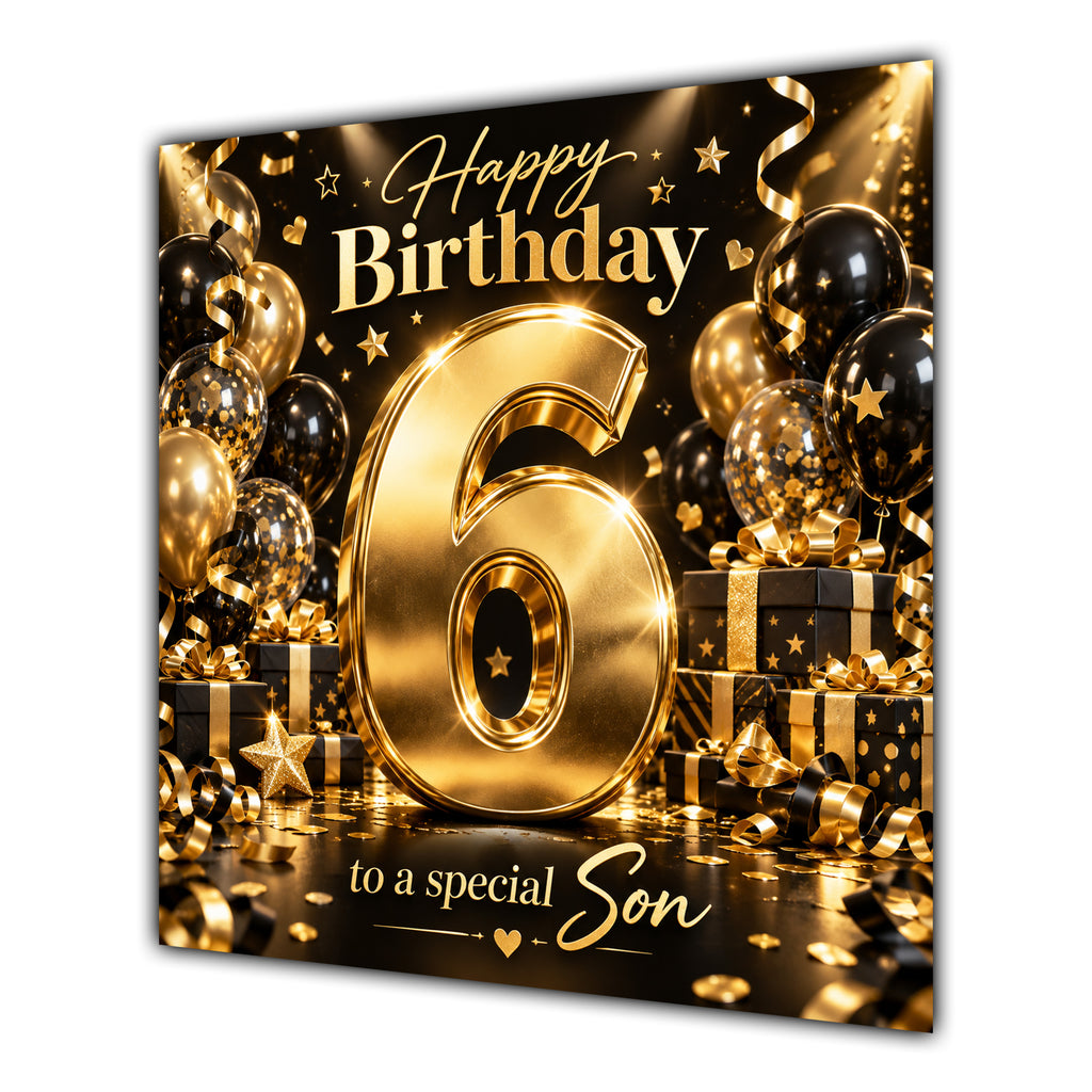 Son 6th Birthday Card Gold Black Balloons Stars