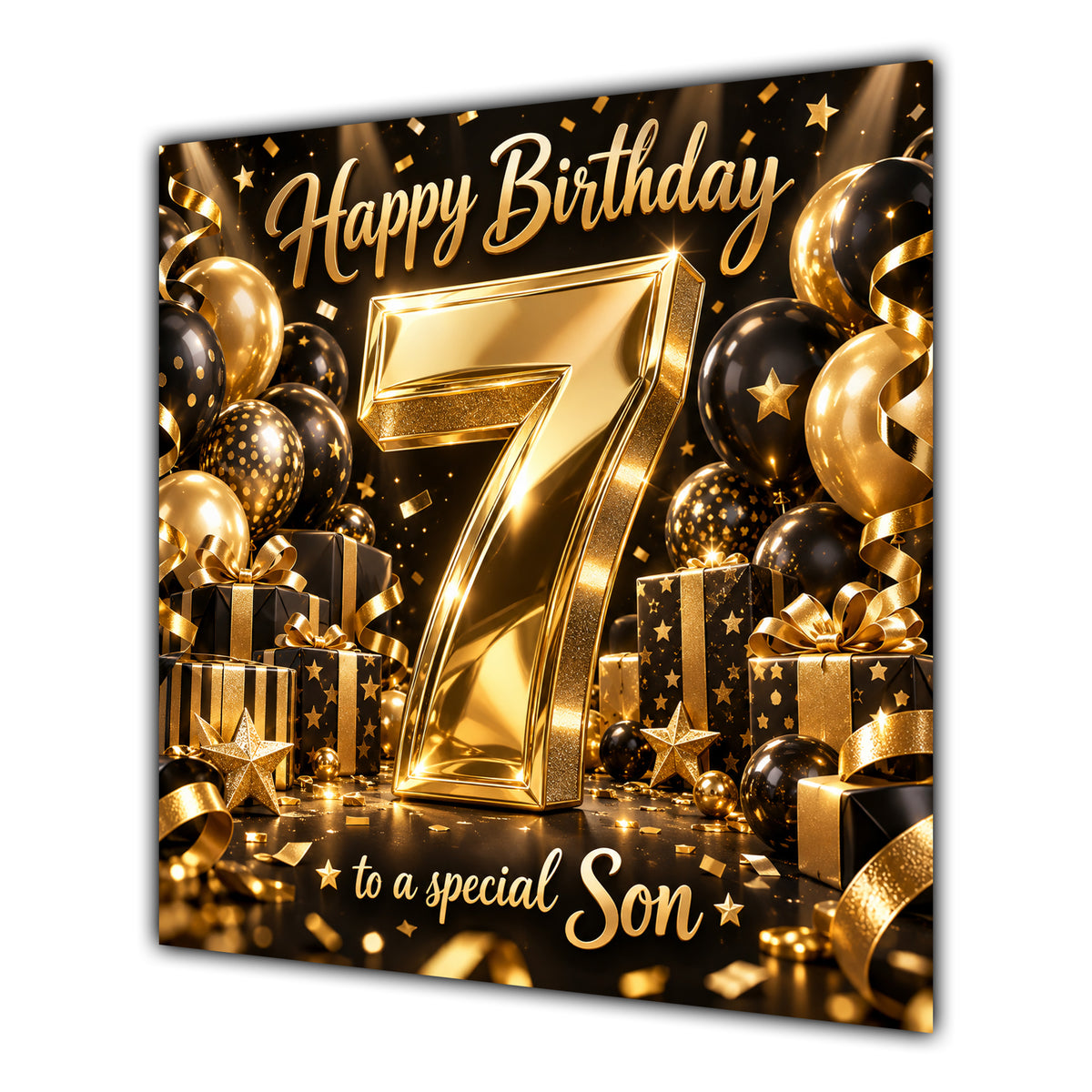 Son 7th Birthday Card Gold Black Balloons Stars