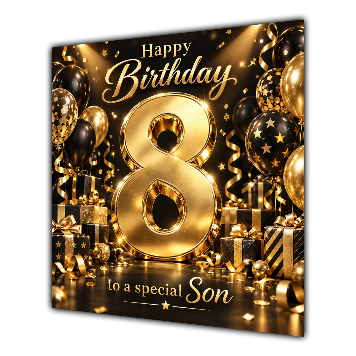 Son 8th Birthday Card Gold Black Balloons Stars