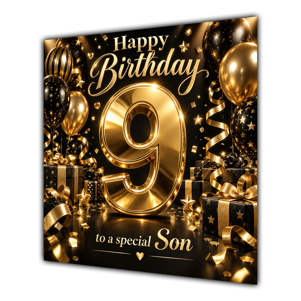 Son 9th Birthday Card Gold Black Balloons Stars
