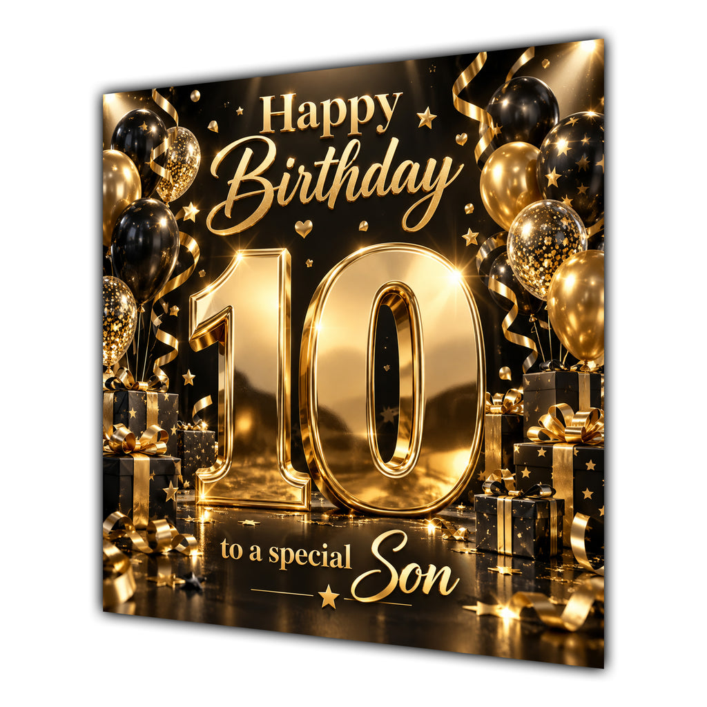 Son 10th Birthday Card Gold Black Balloons Stars