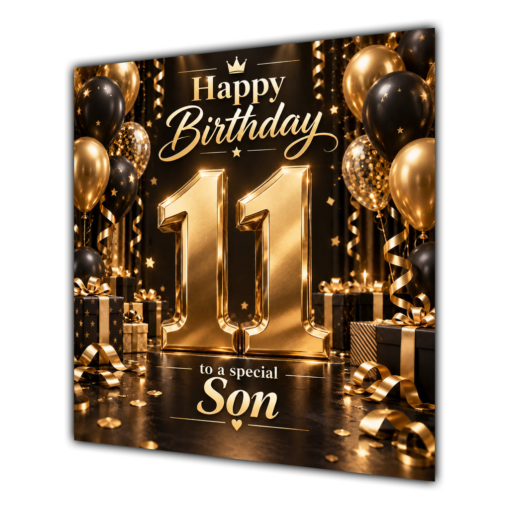 Son 11th Birthday Card Gold Black Balloons Stars