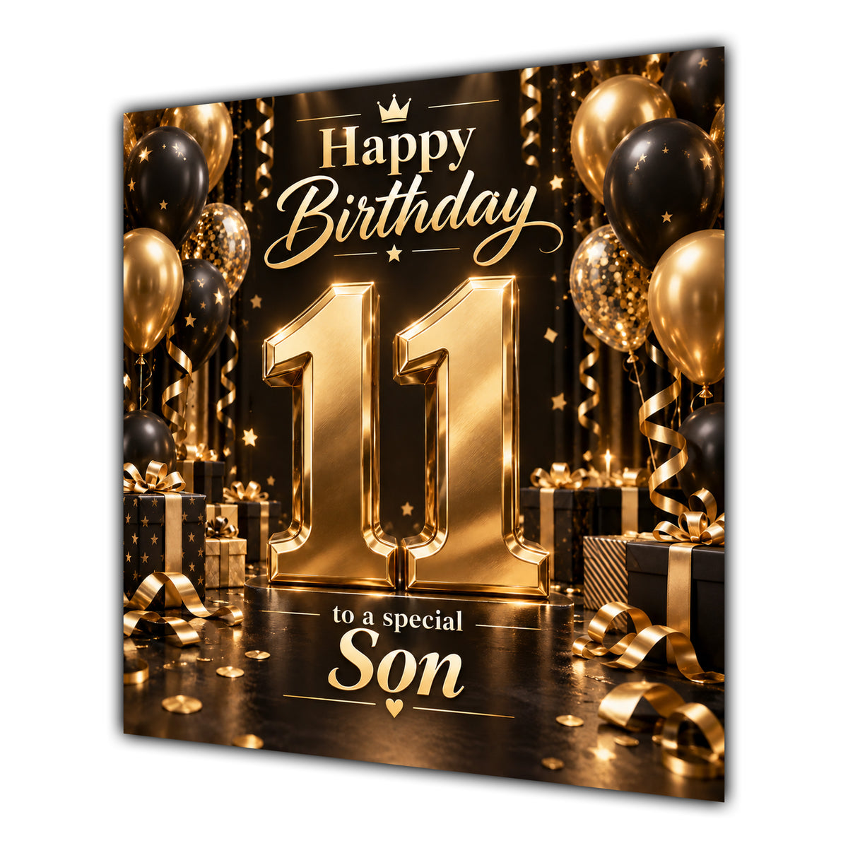 Son 11th Birthday Card Gold Black Balloons Stars