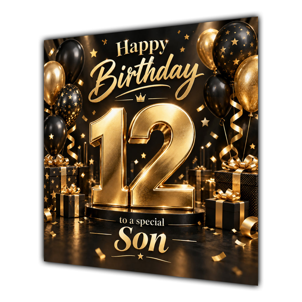 Son 12th Birthday Card Gold Black Balloons Stars