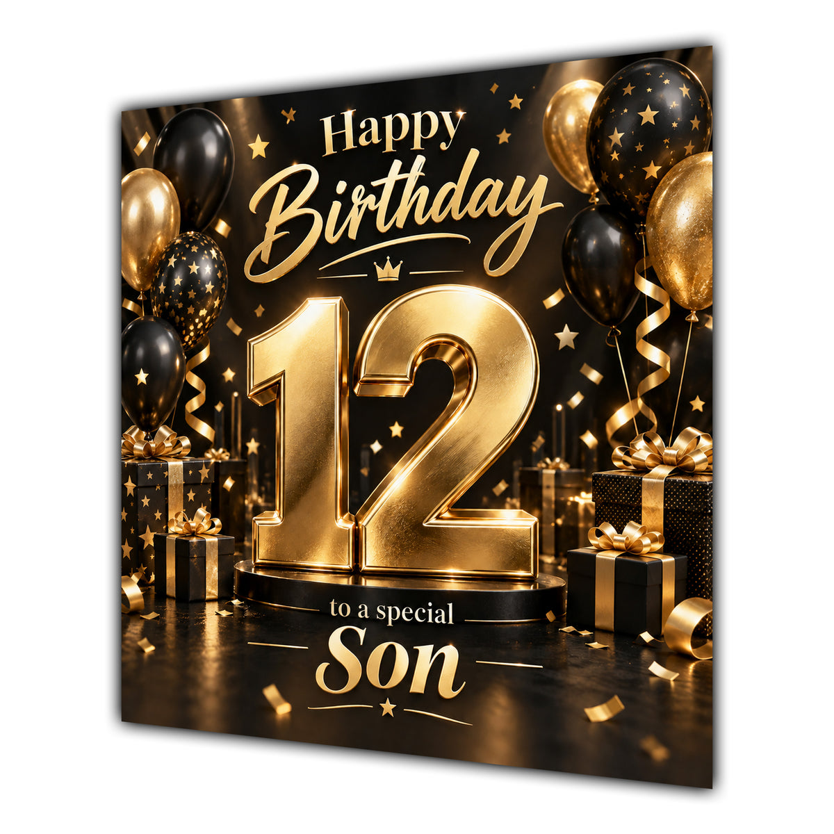 Son 12th Birthday Card Gold Black Balloons Stars