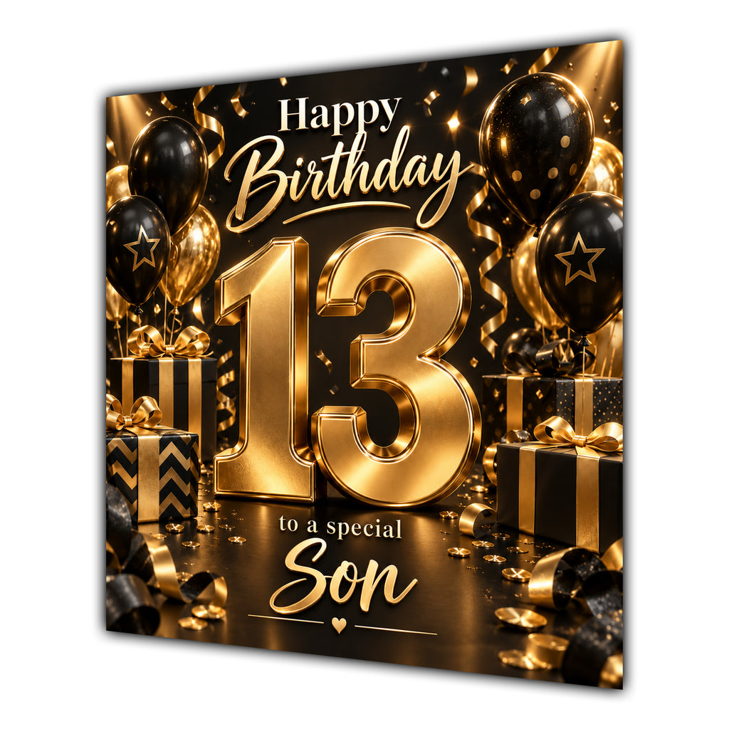 Son 13th Birthday Card Gold Black Balloons Stars