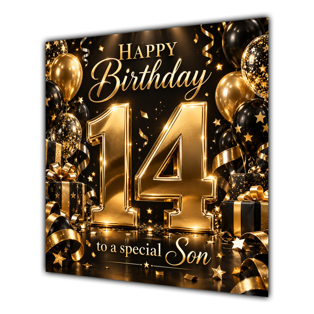 Son 14th Birthday Card Gold Black Balloons Stars