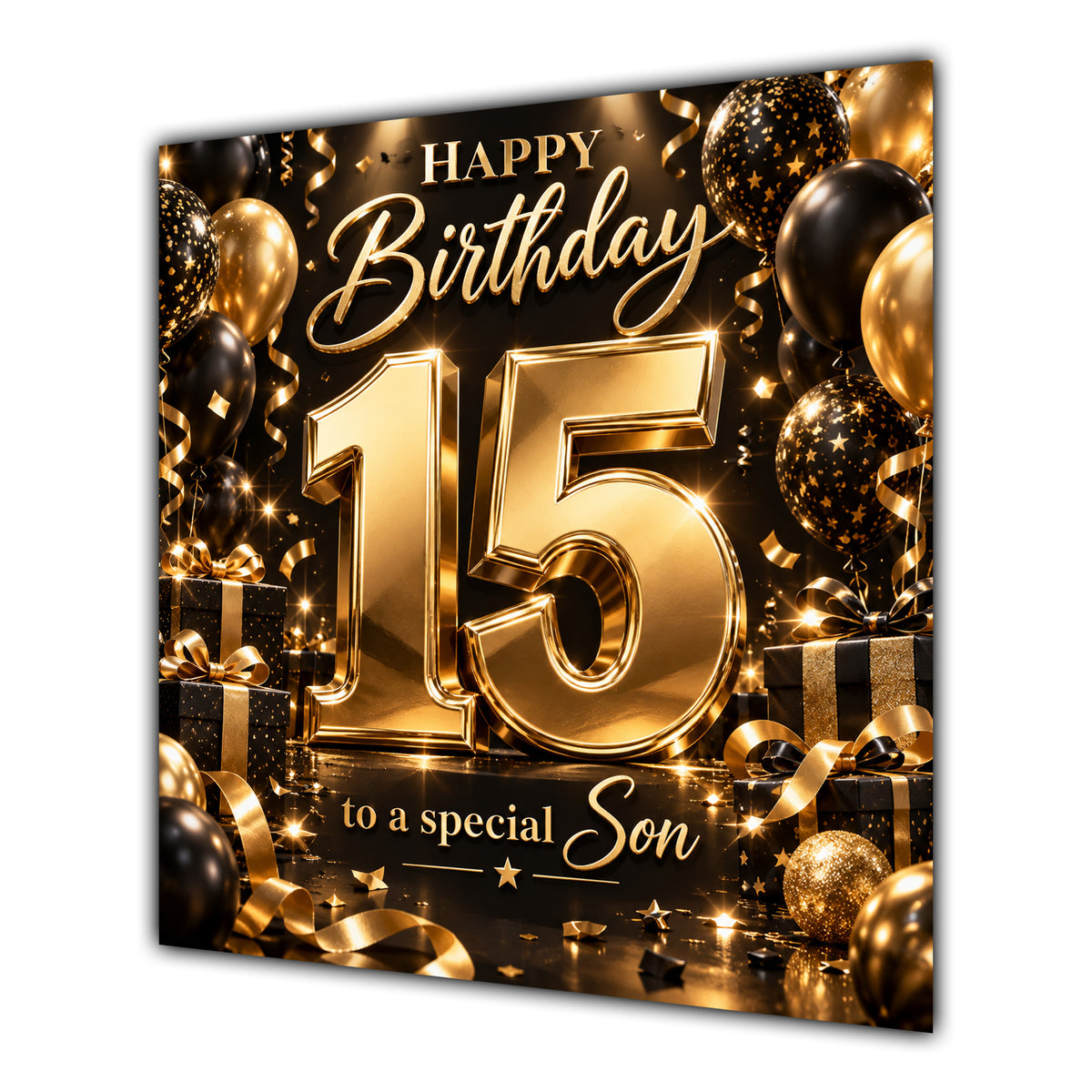 Son 15th Birthday Card Gold Black Balloons Stars