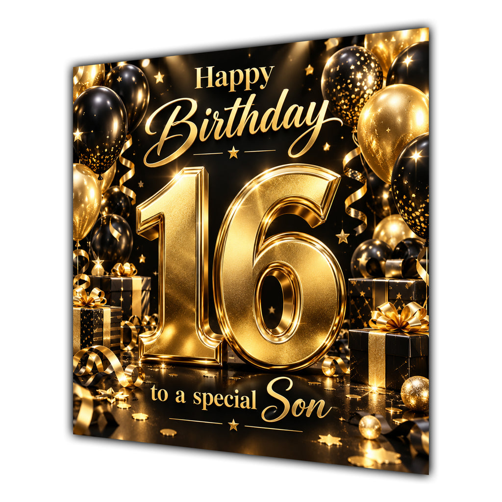 Son 16th Birthday Card Gold Black Balloons Stars
