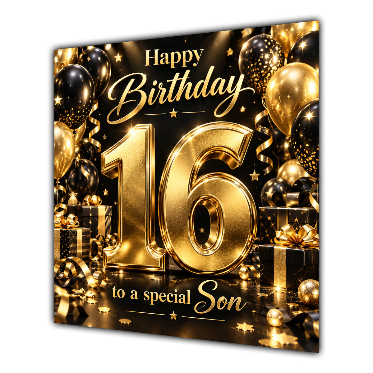 Son 16th Birthday Card Gold Black Balloons Stars
